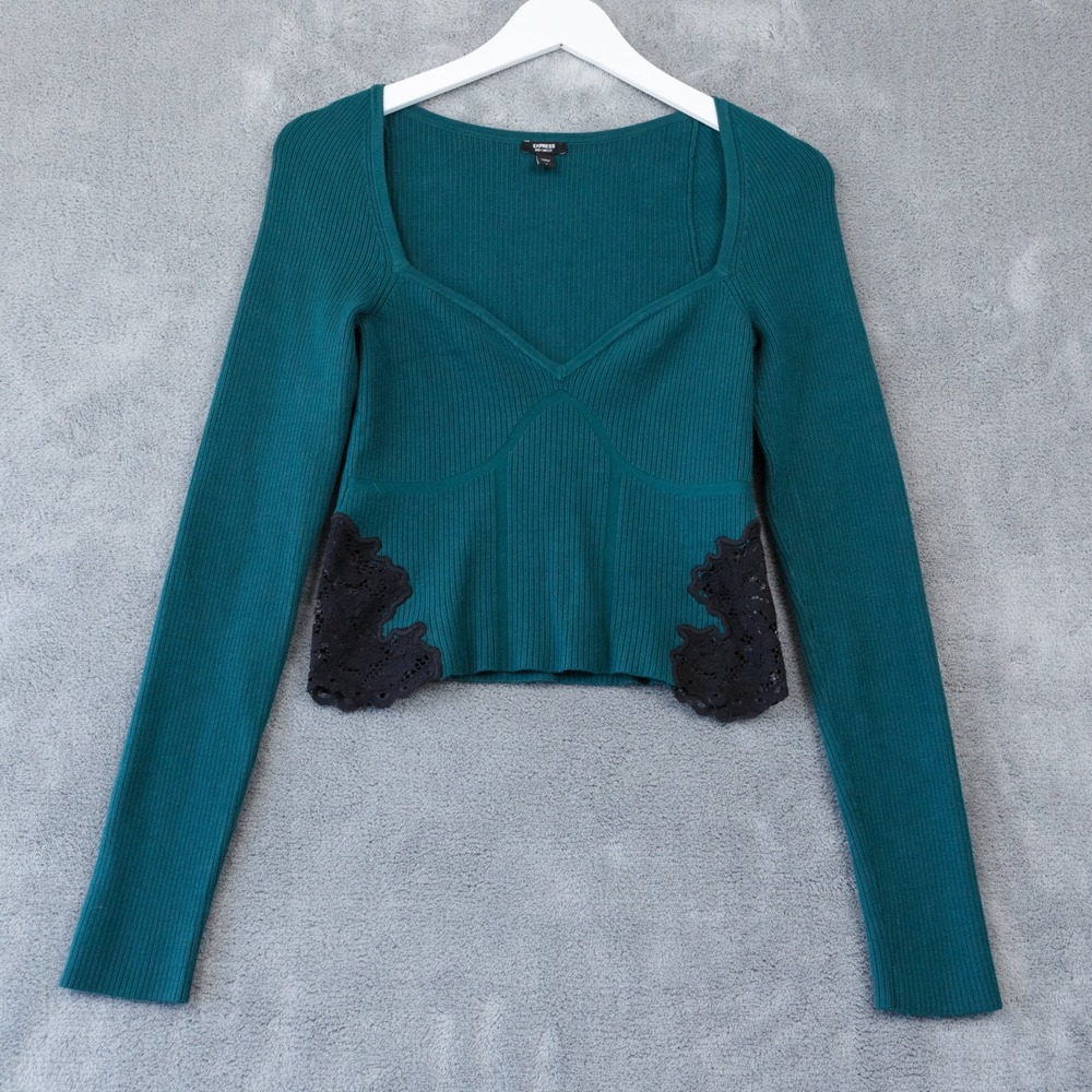 EXPRESS Body Contour Ribbed‎ Lace Trim Sweater Sweetheart Jade Green Black Sz S